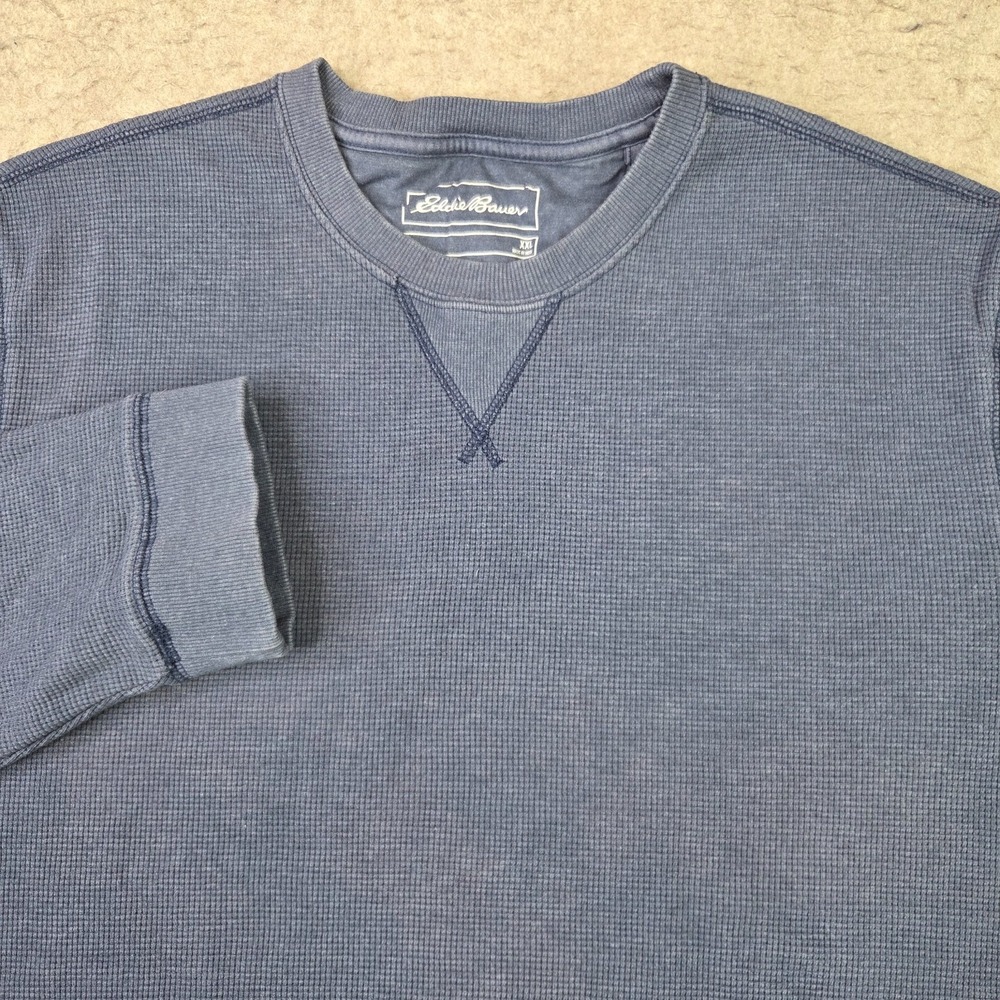 Eddie Bauer Waffle Knit Pullover Mens 2XL Blue Long Sleeve Layer